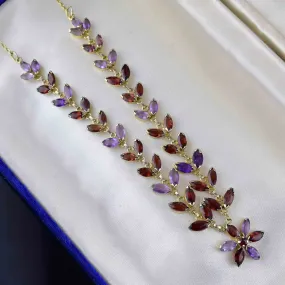 Vintage Gold Gilt Amethyst Garnet Floral Chain Necklace