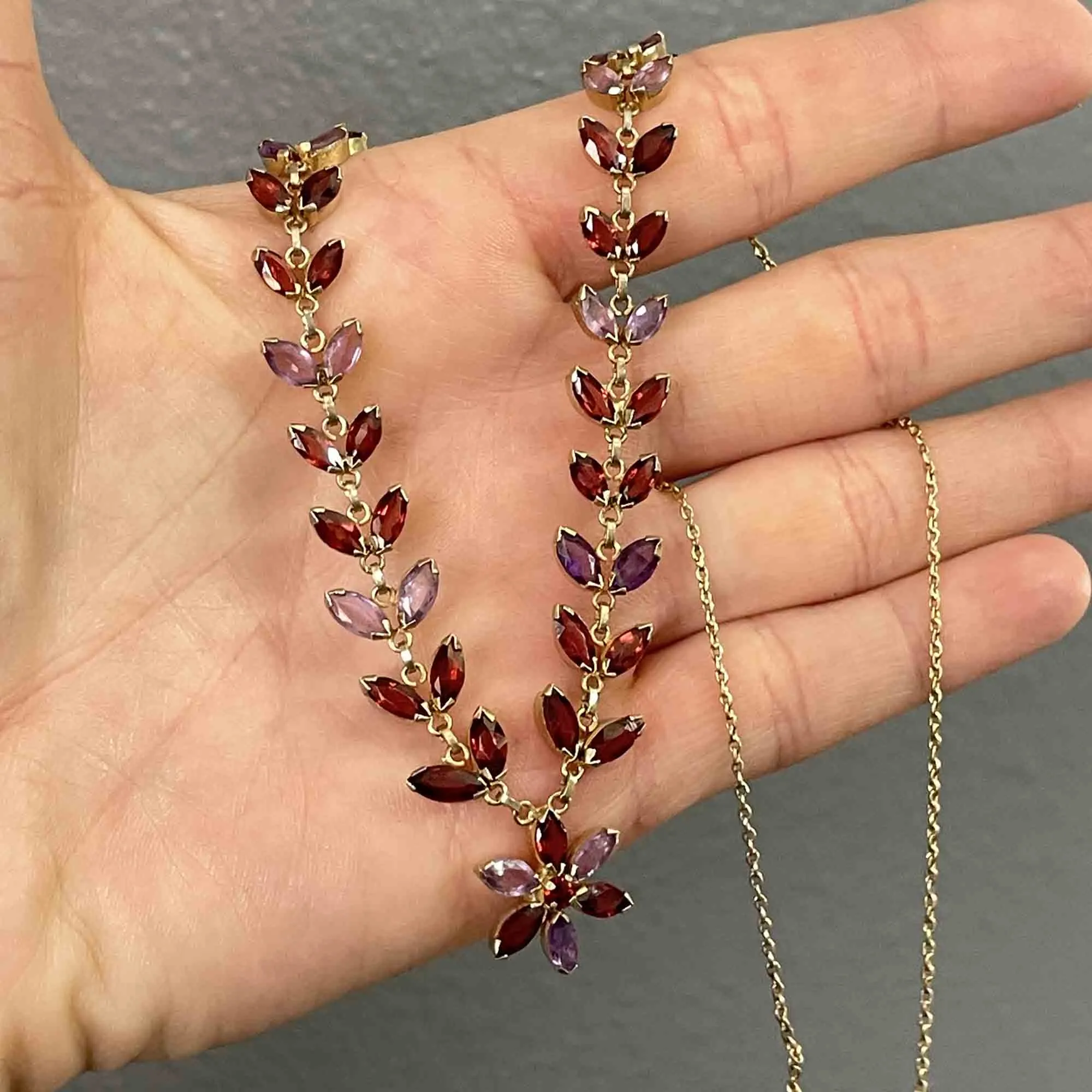 Vintage Gold Gilt Amethyst Garnet Floral Chain Necklace