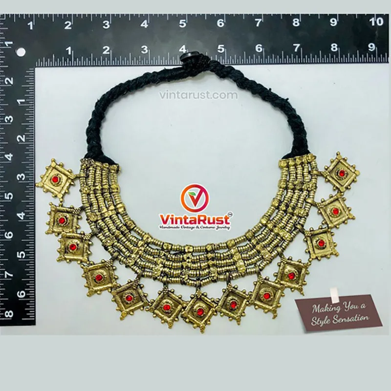 Vintage Multilayers Choker Necklace With Red  Glass Stones