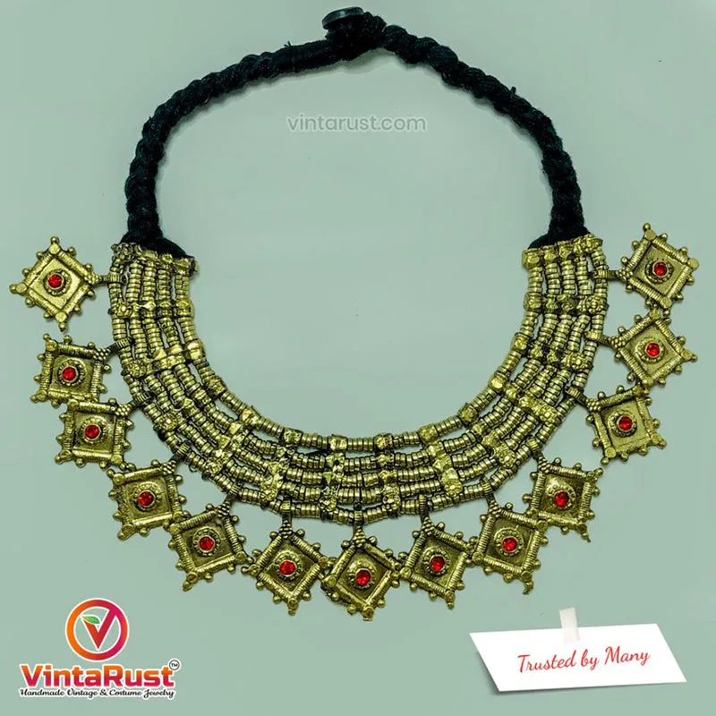 Vintage Multilayers Choker Necklace With Red  Glass Stones