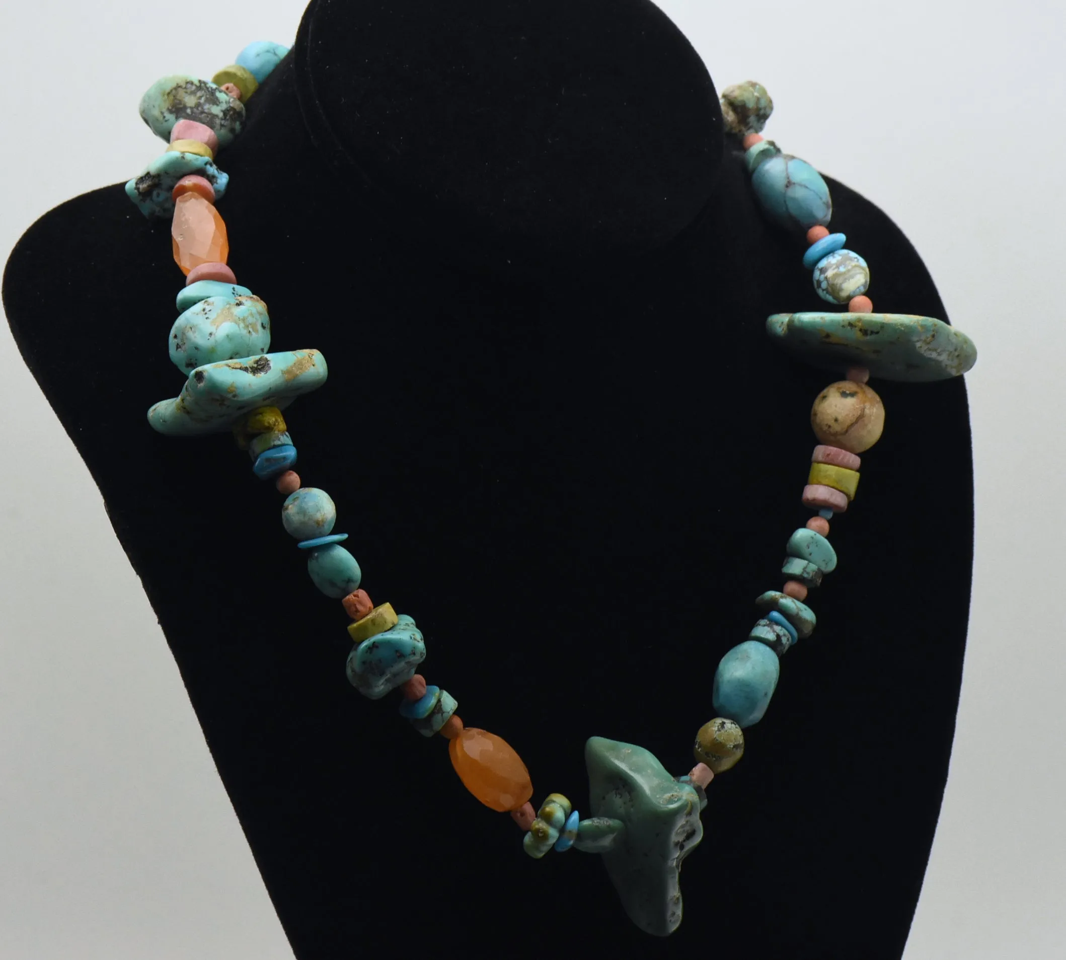 Vintage Stone Nugget Bead Necklace with Turquoise and Carnelian - 19"