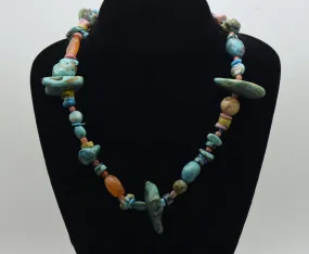 Vintage Stone Nugget Bead Necklace with Turquoise and Carnelian - 19"