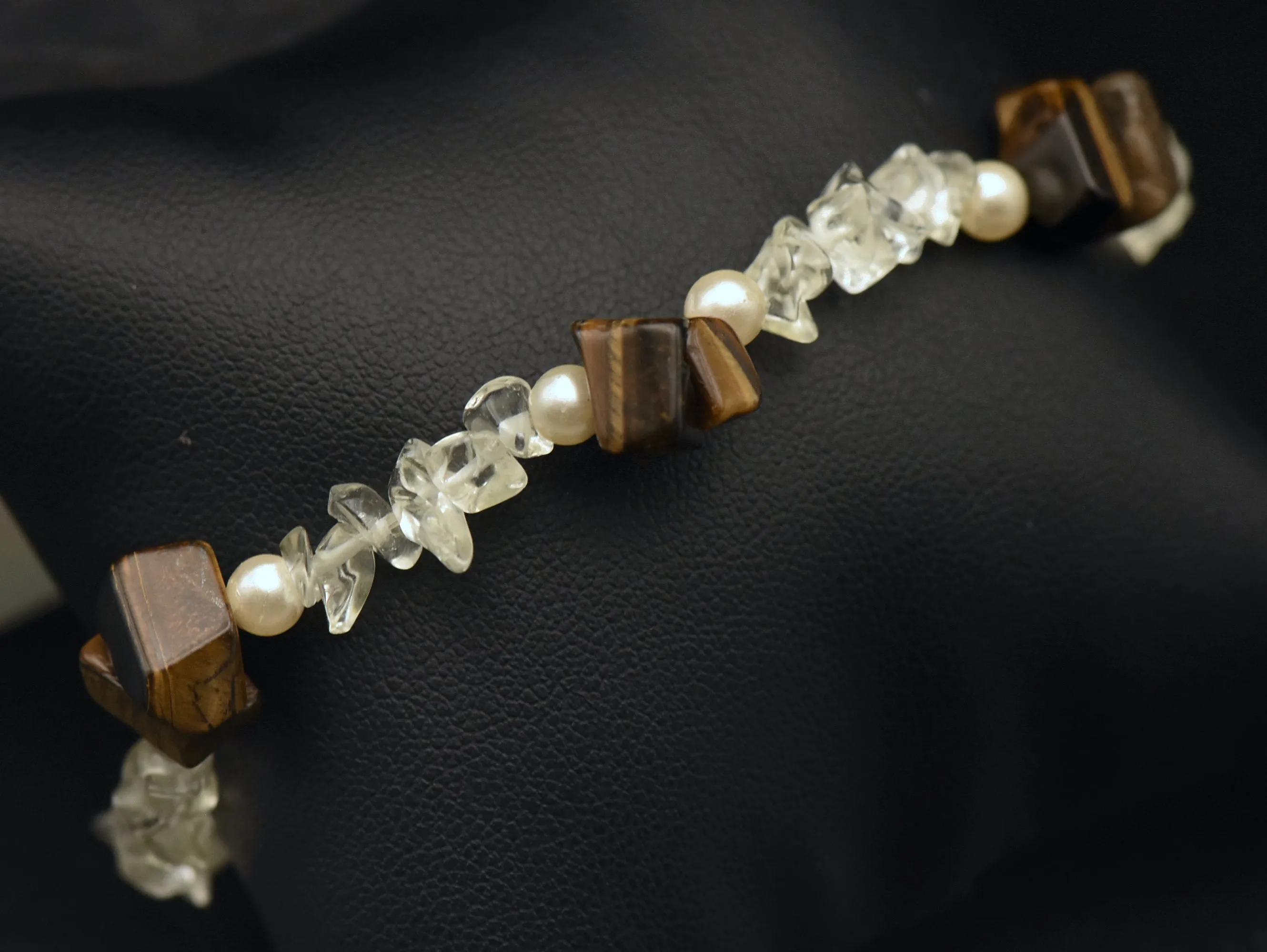 Vintage Tiger's Eye, Quartz, and Faux Pearl Beaded Bracelet