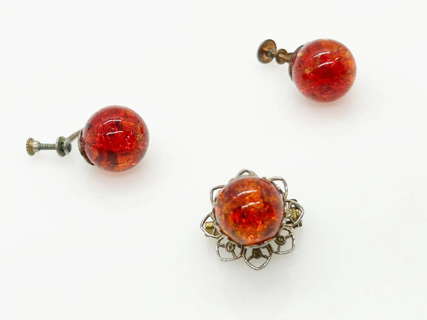 Vivid Orange Fire Opal Glass Brooch and Earring Set in Sterling