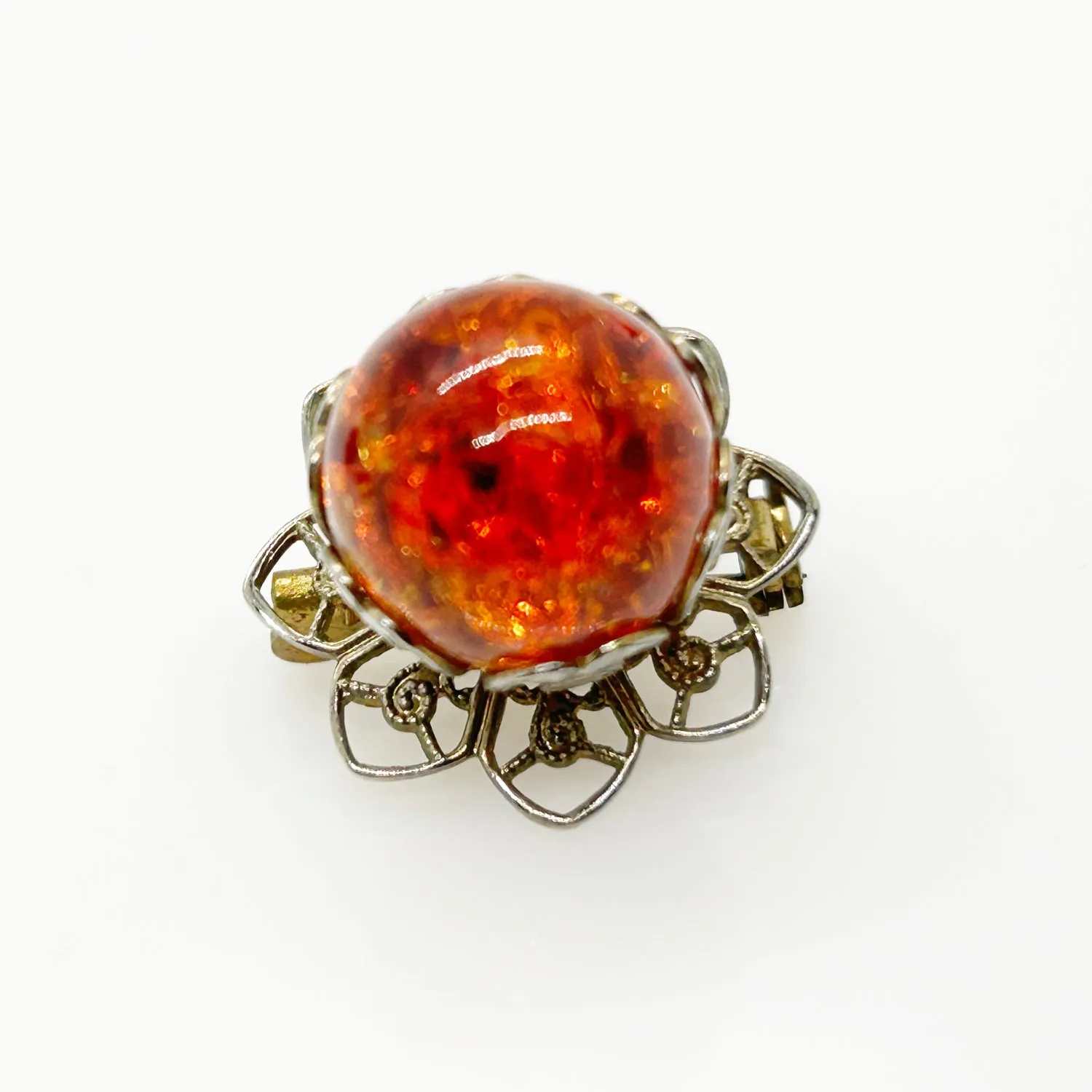 Vivid Orange Fire Opal Glass Brooch and Earring Set in Sterling