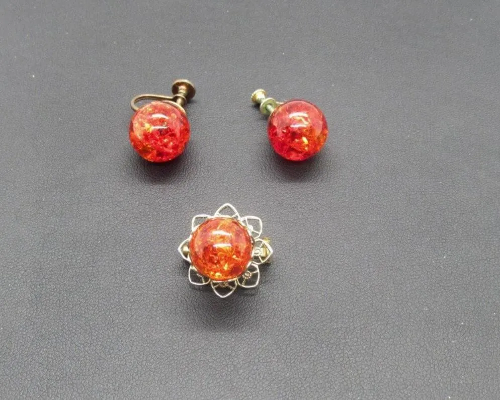 Vivid Orange Fire Opal Glass Brooch and Earring Set in Sterling