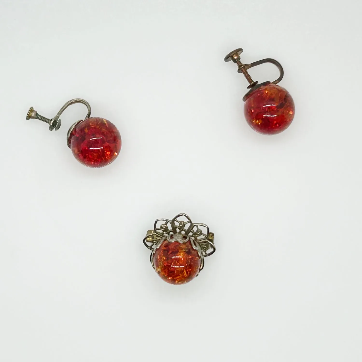 Vivid Orange Fire Opal Glass Brooch and Earring Set in Sterling