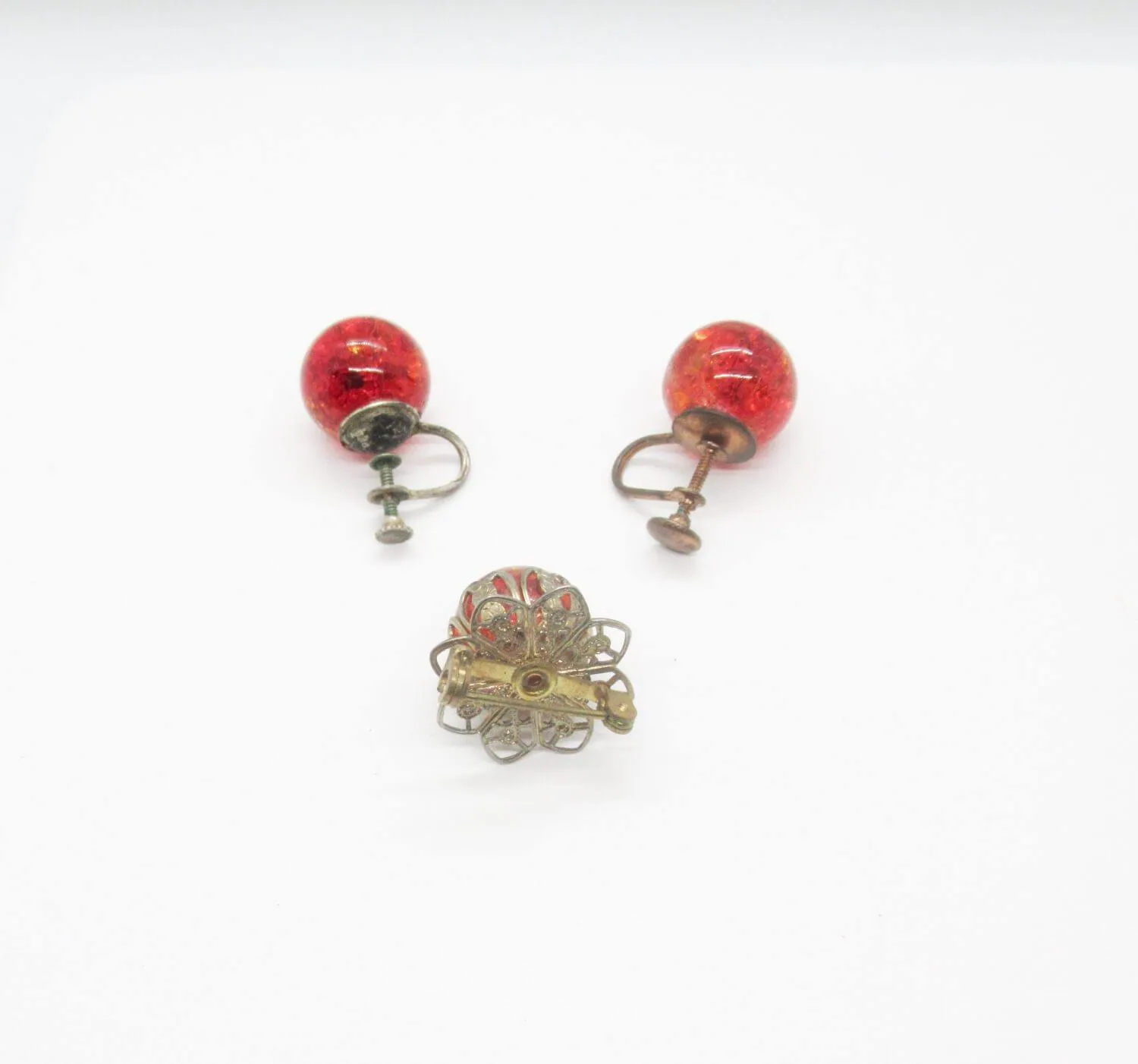 Vivid Orange Fire Opal Glass Brooch and Earring Set in Sterling