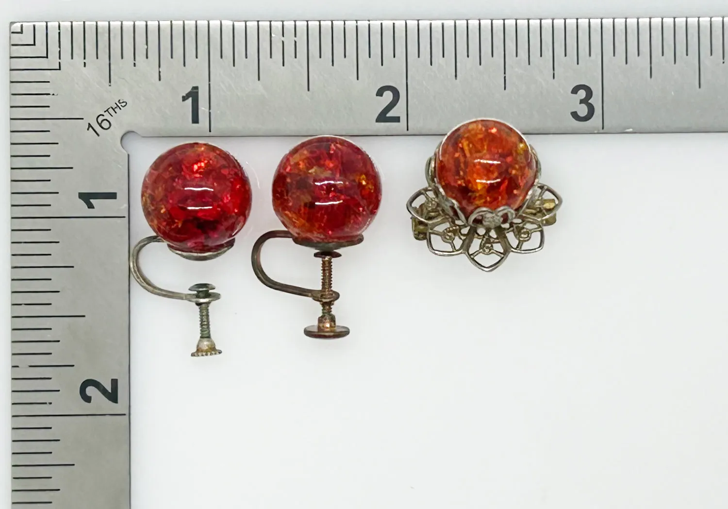 Vivid Orange Fire Opal Glass Brooch and Earring Set in Sterling