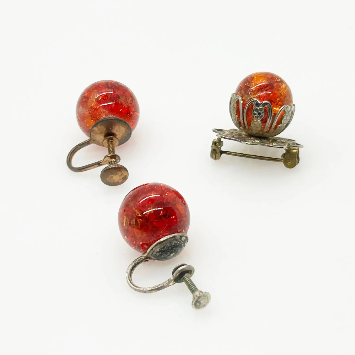 Vivid Orange Fire Opal Glass Brooch and Earring Set in Sterling