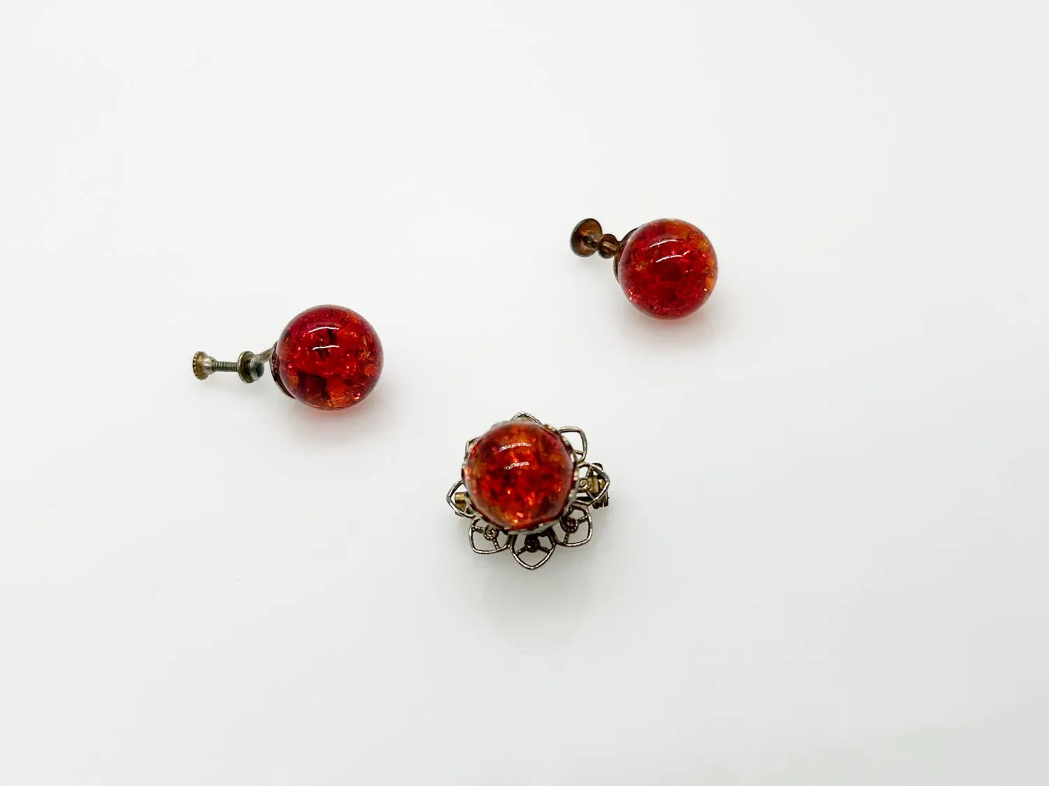 Vivid Orange Fire Opal Glass Brooch and Earring Set in Sterling