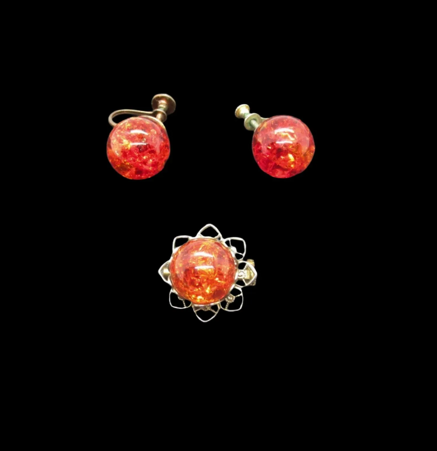 Vivid Orange Fire Opal Glass Brooch and Earring Set in Sterling