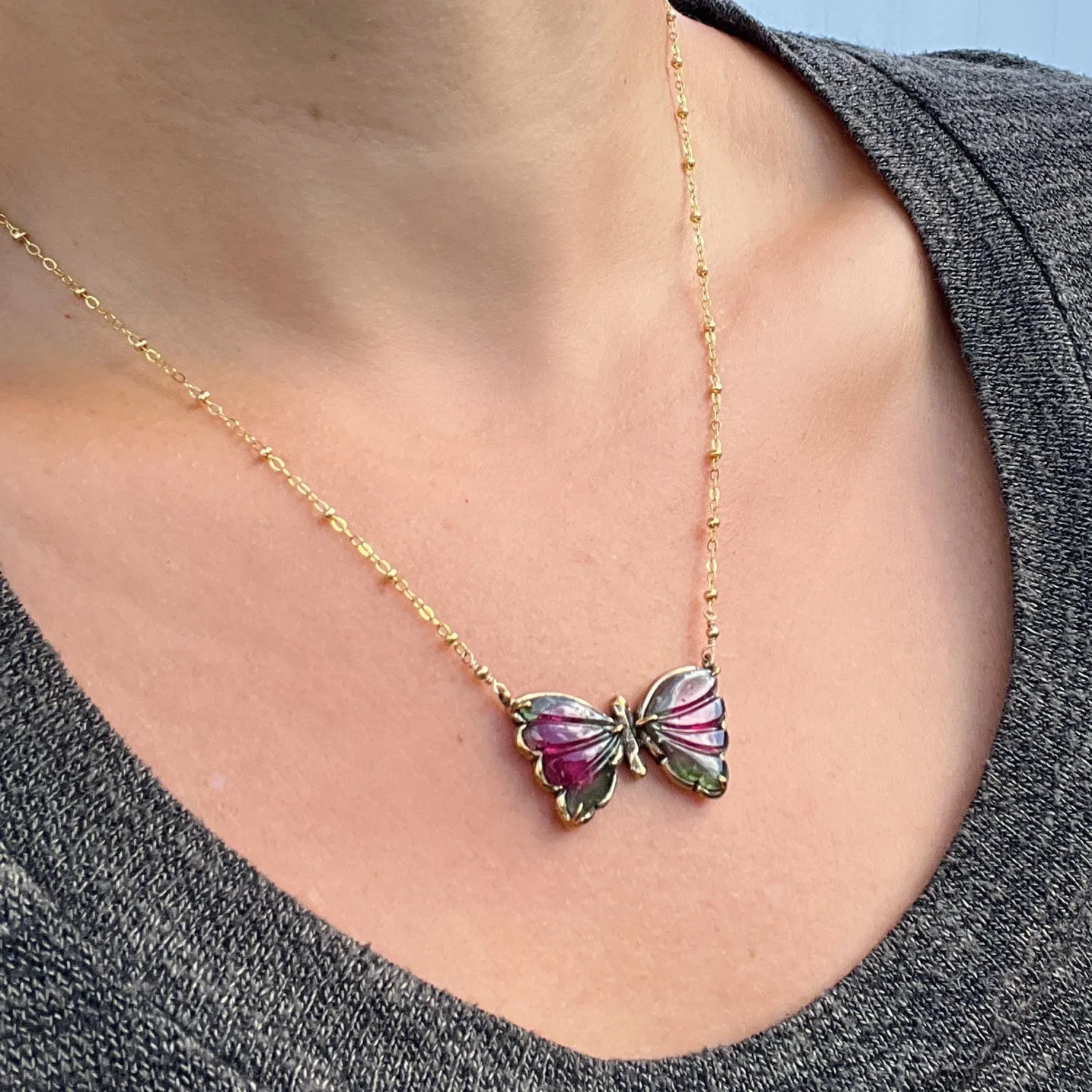 Watermelon Tourmaline Butterfly Pendant