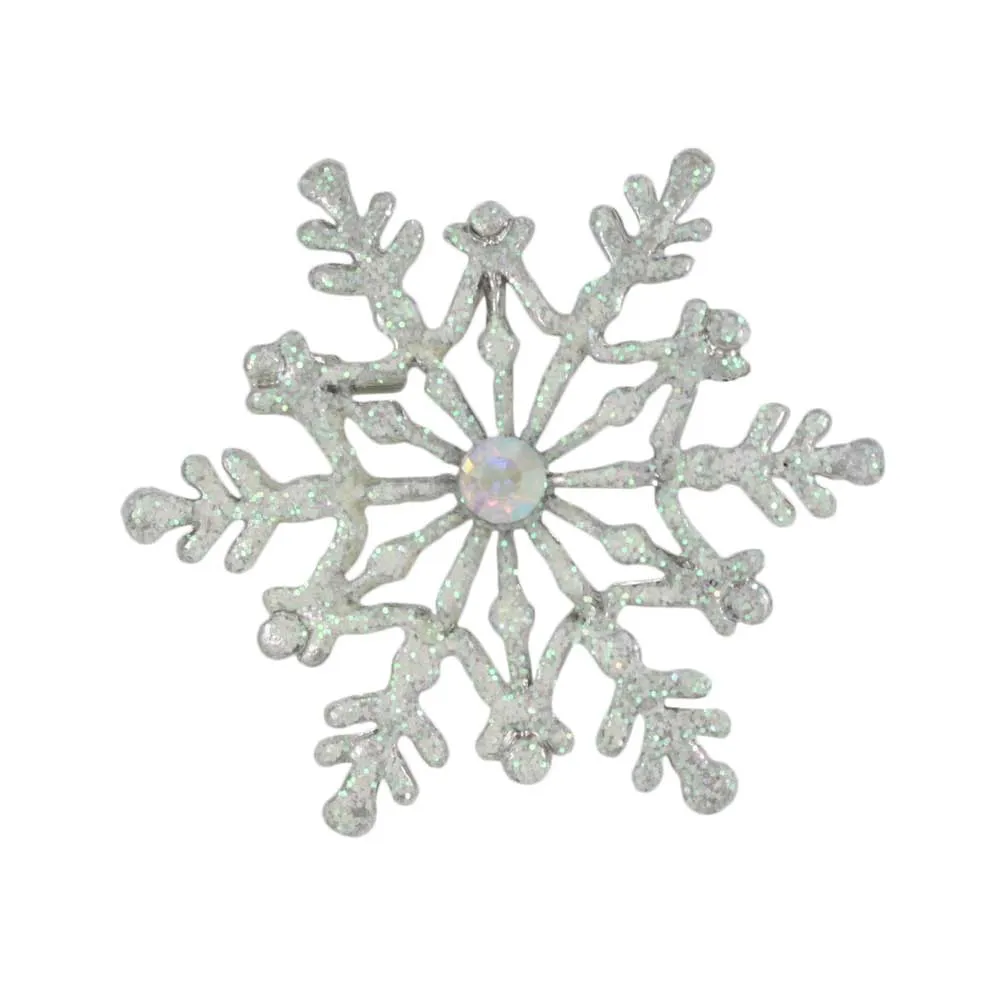 White Glitter Snowflake with Crystal Brooch Pin - XP631