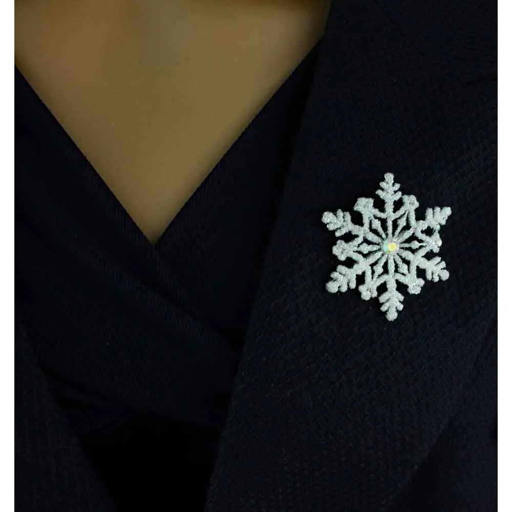 White Glitter Snowflake with Crystal Brooch Pin - XP631