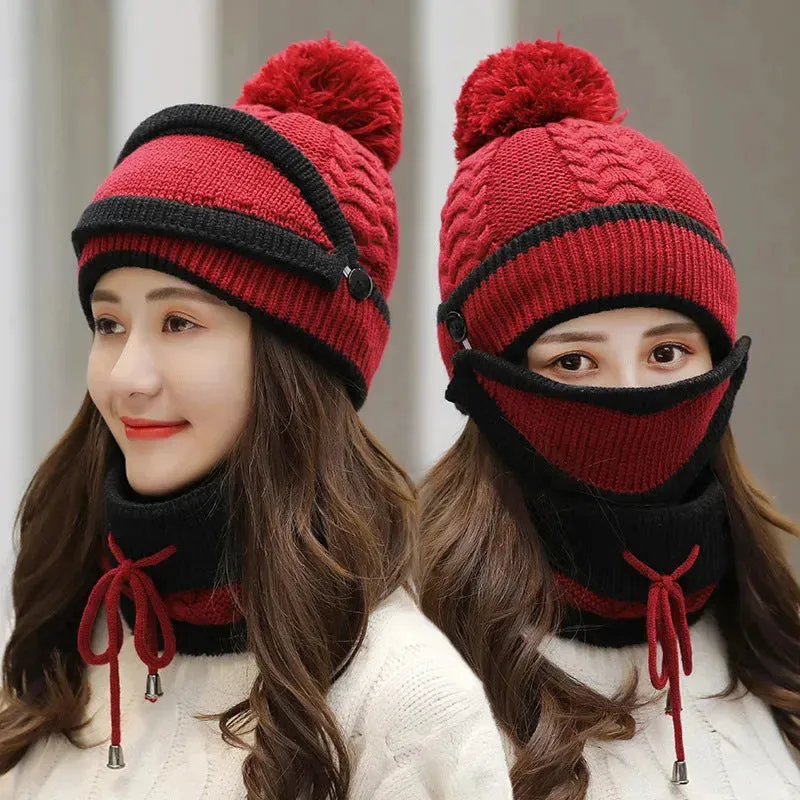 Winter Hat For Women 3pcs Knitted Beanie Hat Scarf Set Warm Hat