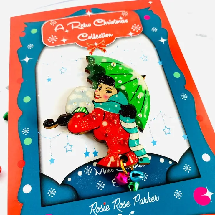 Winter Umbrella Girl Snow Brooch by Rosie Rose Parker