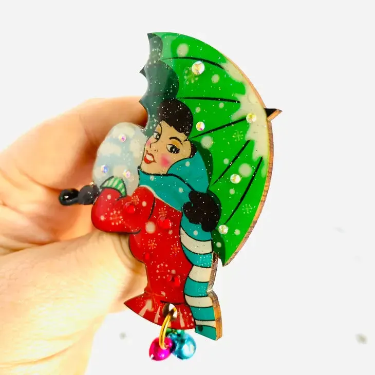 Winter Umbrella Girl Snow Brooch by Rosie Rose Parker