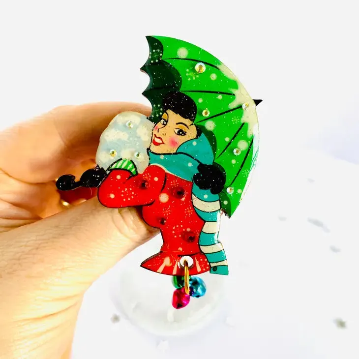 Winter Umbrella Girl Snow Brooch by Rosie Rose Parker