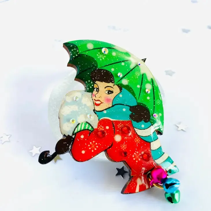 Winter Umbrella Girl Snow Brooch by Rosie Rose Parker