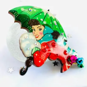 Winter Umbrella Girl Snow Brooch by Rosie Rose Parker