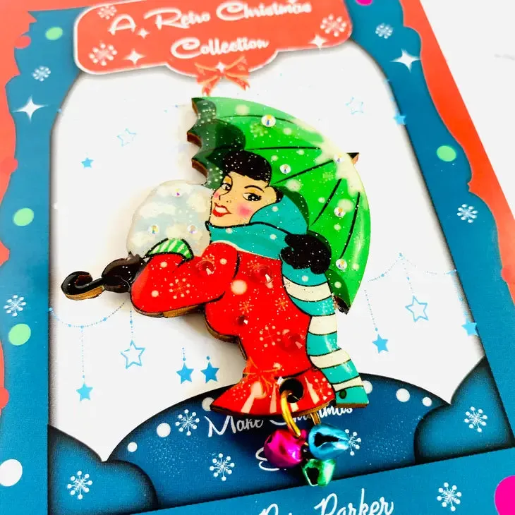 Winter Umbrella Girl Snow Brooch by Rosie Rose Parker