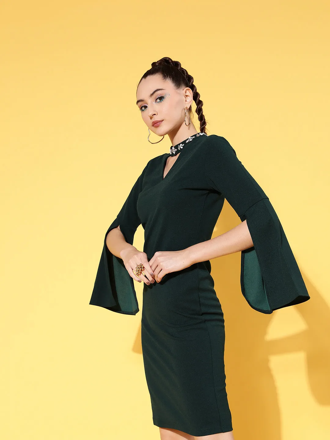 Women Emerald Canton Cape Sleeves Choker Shift Dress