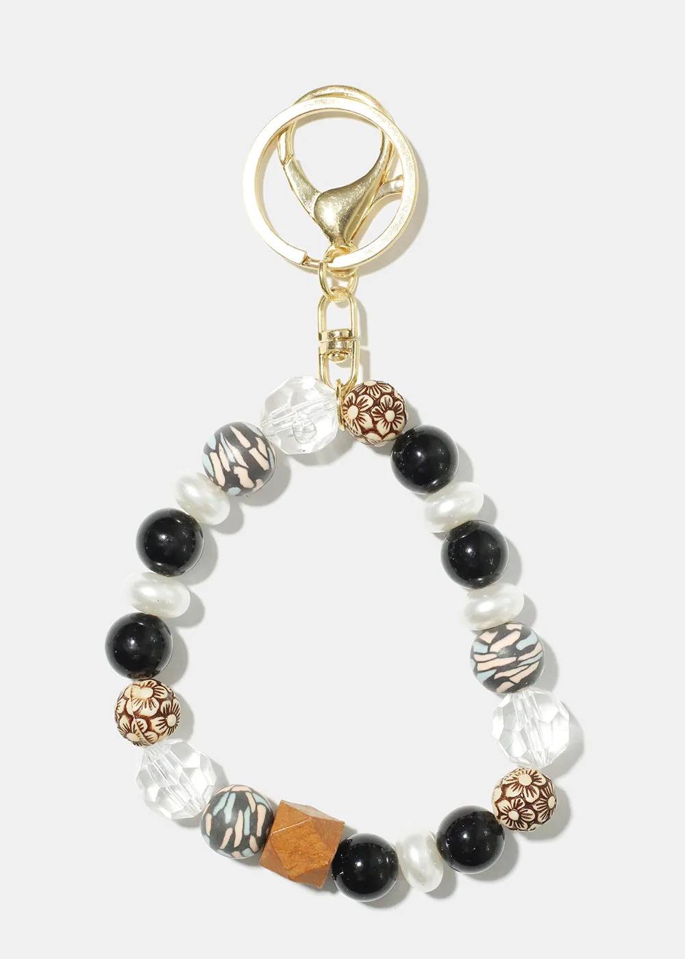 Wood and Pearl Bead Keychain Bracelet