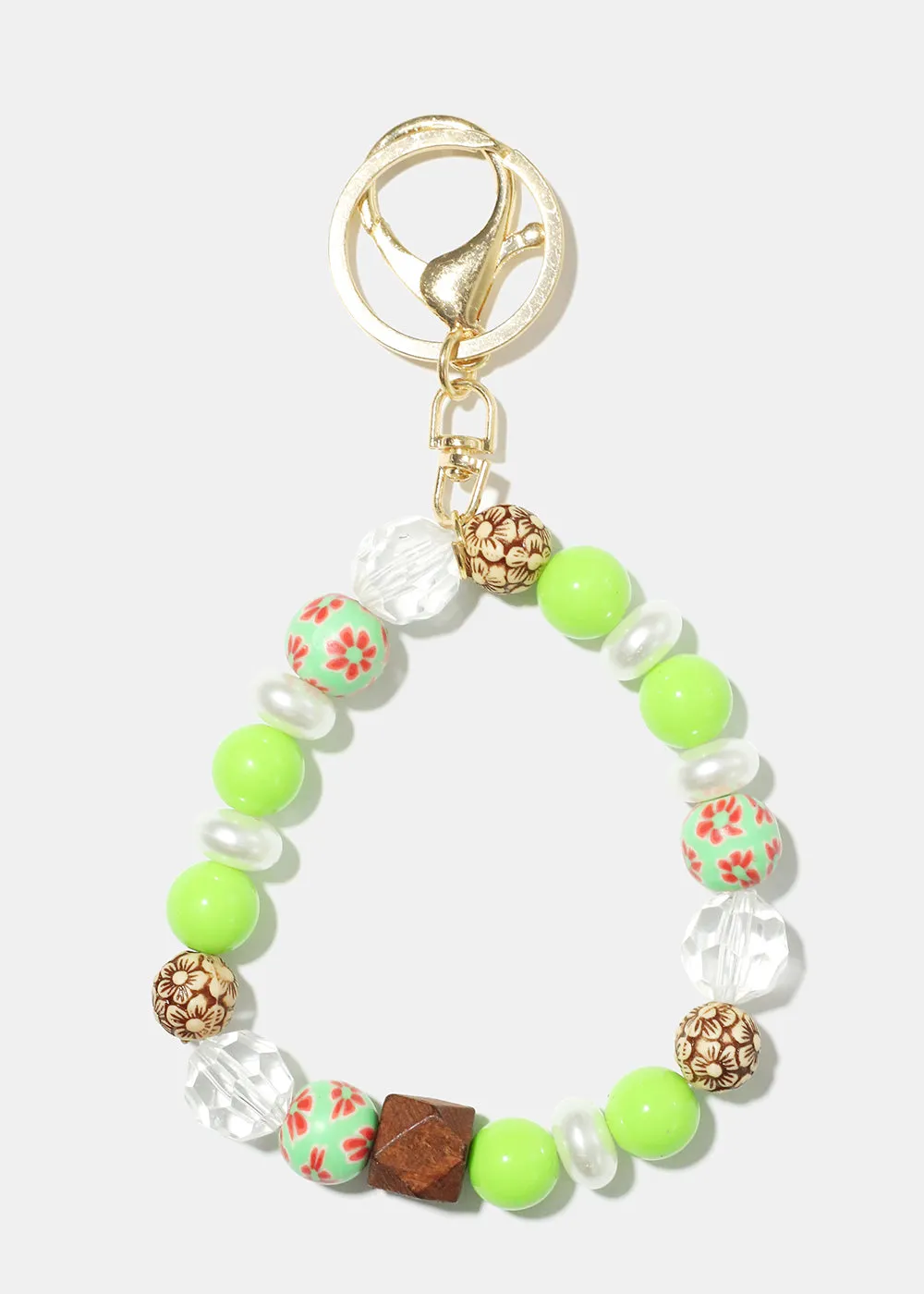 Wood and Pearl Bead Keychain Bracelet