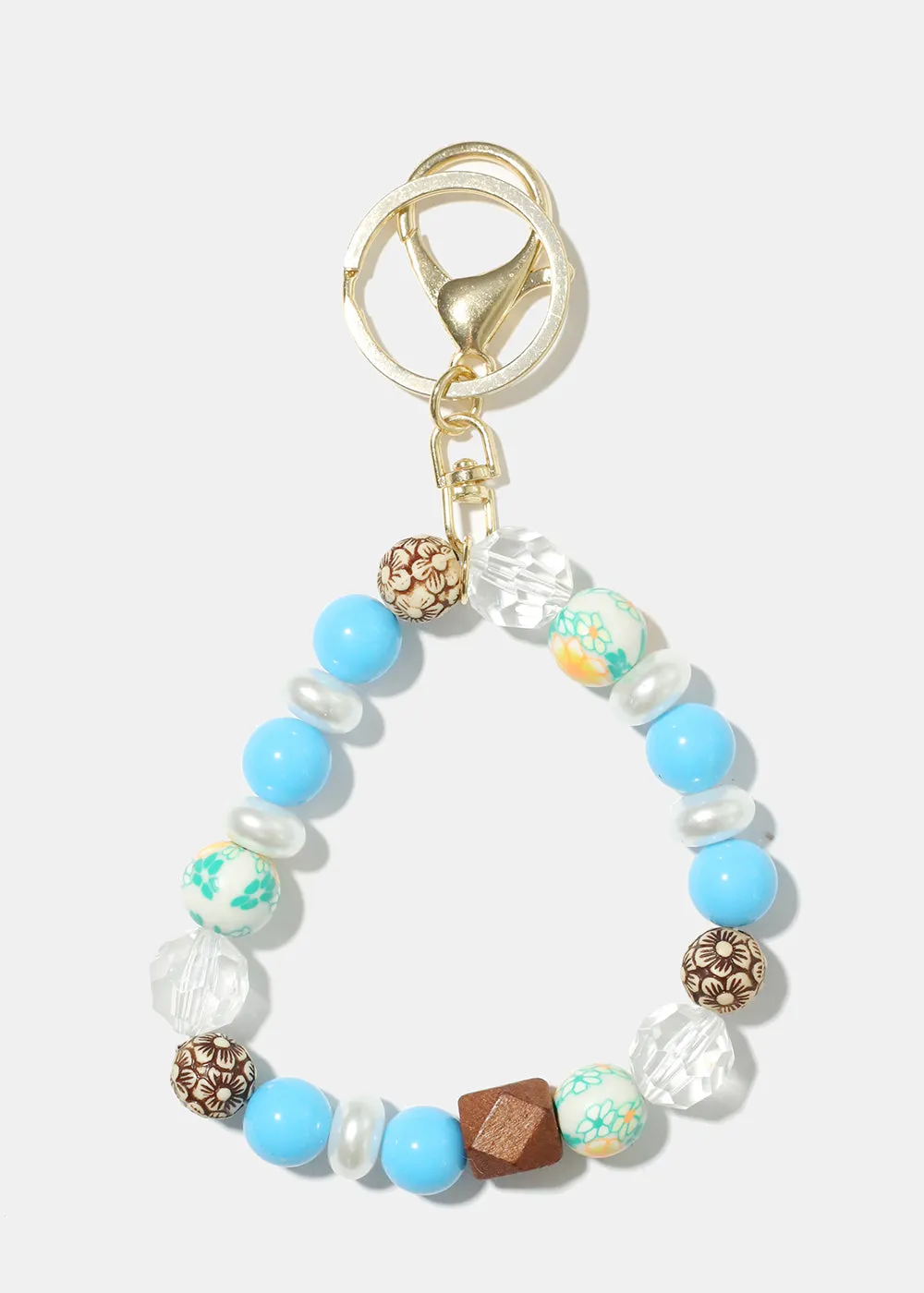 Wood and Pearl Bead Keychain Bracelet