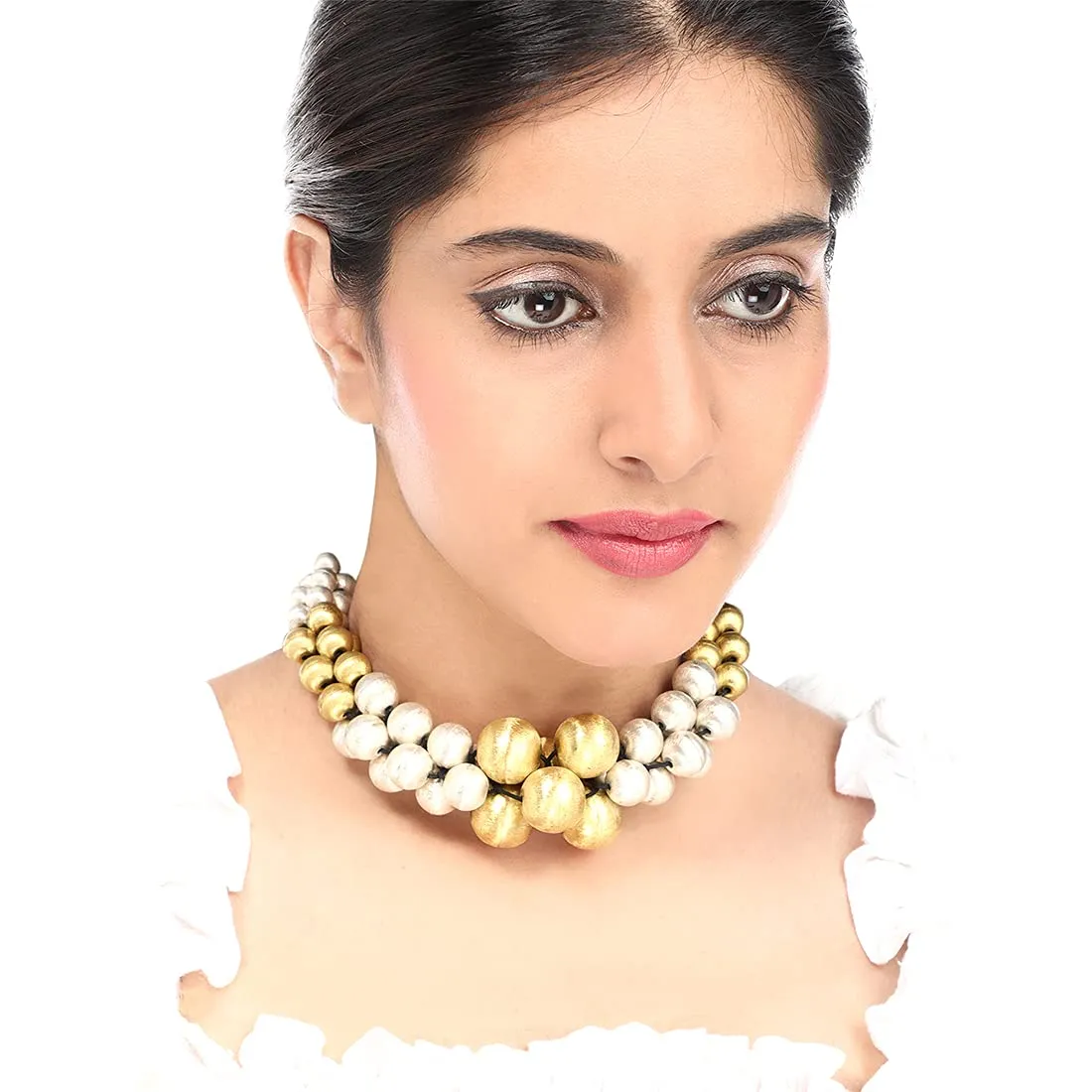 Yellow Chimes Traditional Gold and Silver Beads Design Hand Made Dori Thread Choker Necklace for Women and Girls