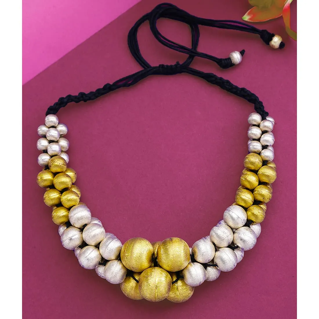 Yellow Chimes Traditional Gold and Silver Beads Design Hand Made Dori Thread Choker Necklace for Women and Girls